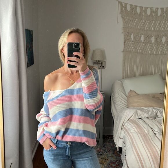Racheal V Neck Sweater Pink White‎ and Blue Size 1X - Picture 1 of 8